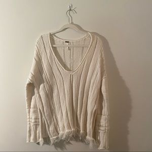 Free People Ivory White Ocean Drive Fringe Knit Pullover Sweater, Women’s size M